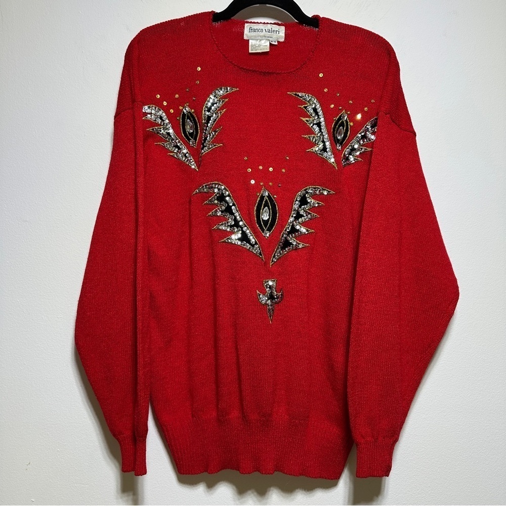 Franco Valeri Vintage 80s Beaded Sequin Sweater Red Embellished Holiday Party M